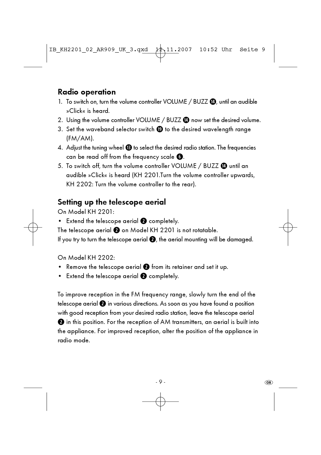 Kompernass KH 2201 manual Radio operation, Setting up the telescope aerial 