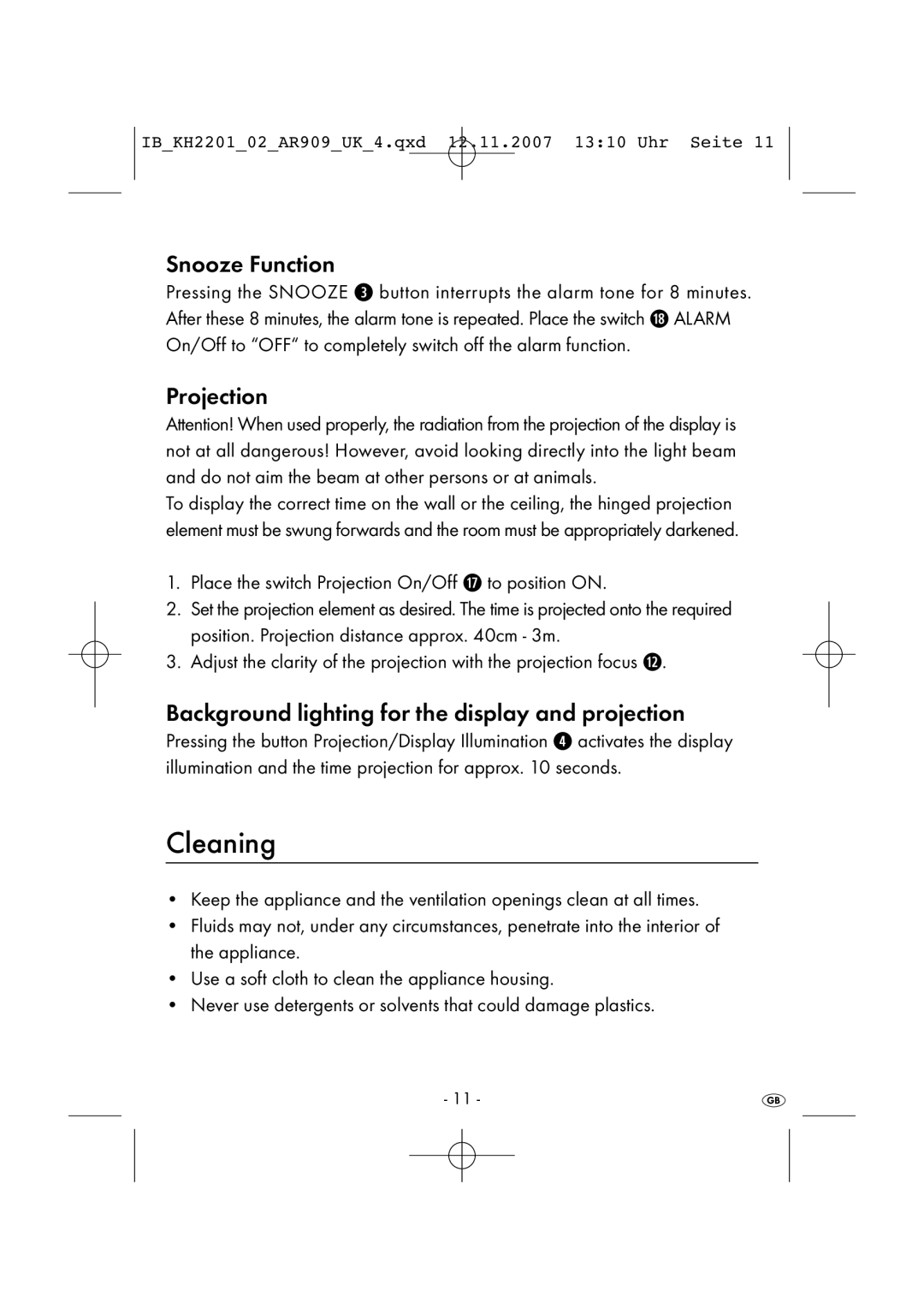 Kompernass KH 2001, KH 2202 manual Cleaning, Snooze Function, Projection, Background lighting for the display and projection 