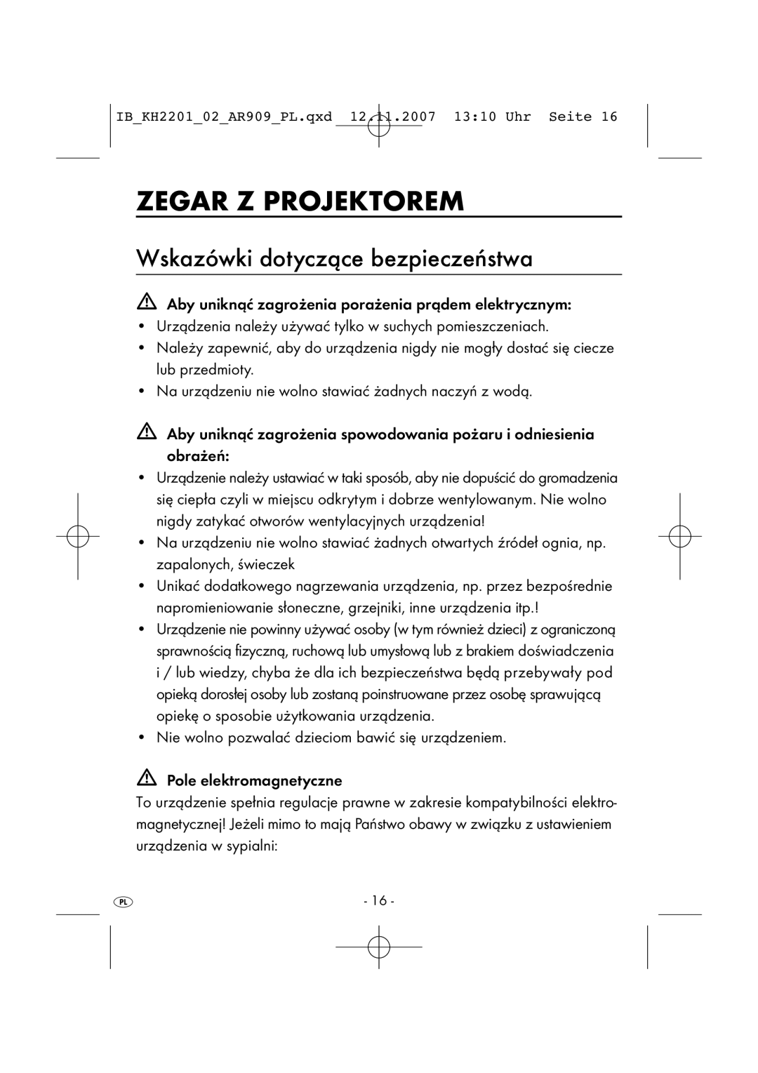 Kompernass KH 2202, KH 2001 manual Zegar Z Projektorem, Wskazówki dotyczące bezpieczeństwa 