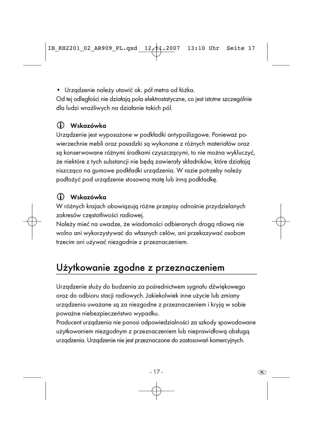 Kompernass KH 2001, KH 2202 manual Użytkowanie zgodne z przeznaczeniem 