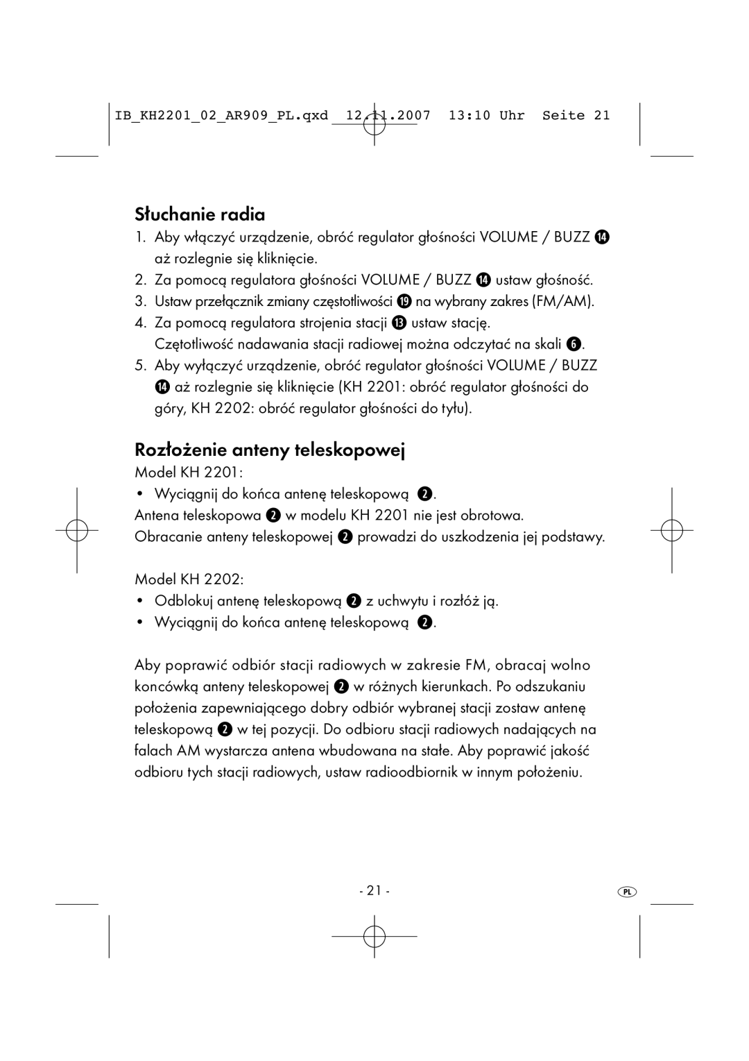 Kompernass KH 2001, KH 2202 manual Słuchanie radia, Rozłożenie anteny teleskopowej 