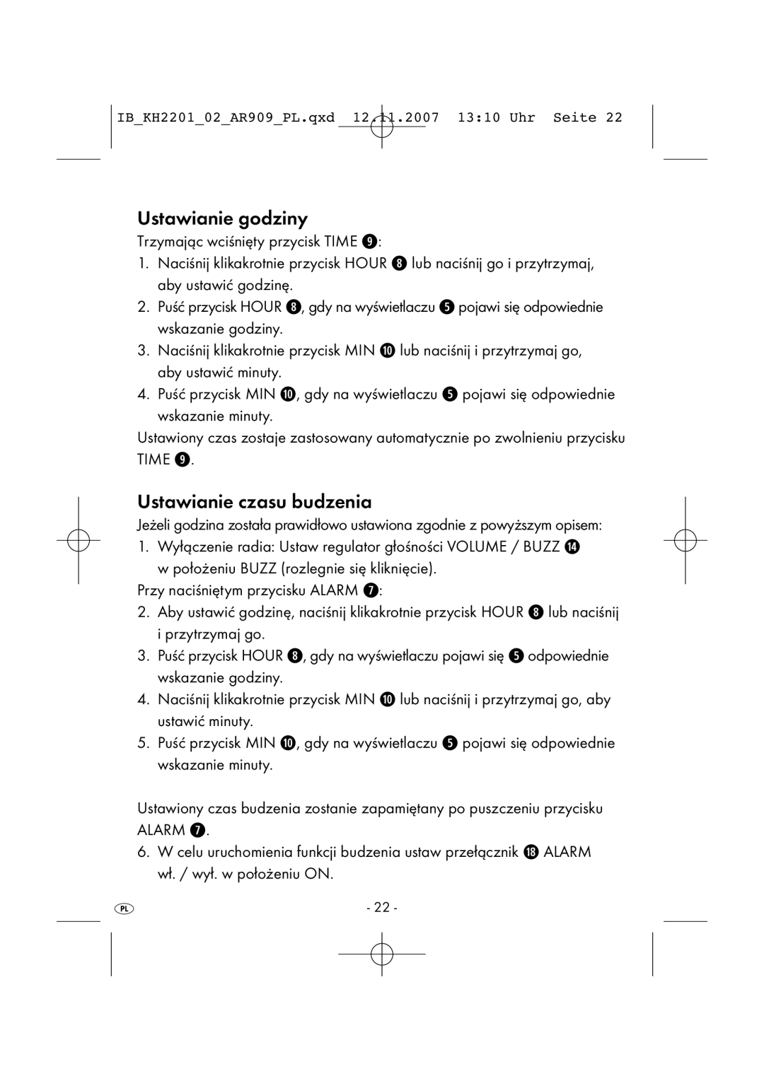 Kompernass KH 2202, KH 2001 manual Ustawianie godziny, Ustawianie czasu budzenia 