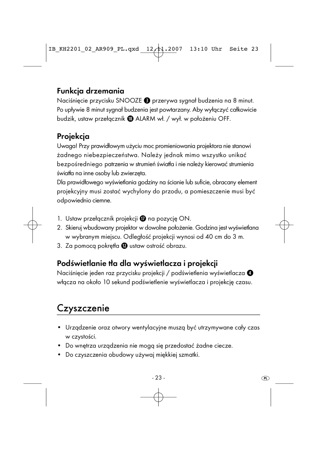 Kompernass KH 2001, KH 2202 manual Czyszczenie, Funkcja drzemania, Projekcja, Podświetlanie tła dla wyświetlacza i projekcji 