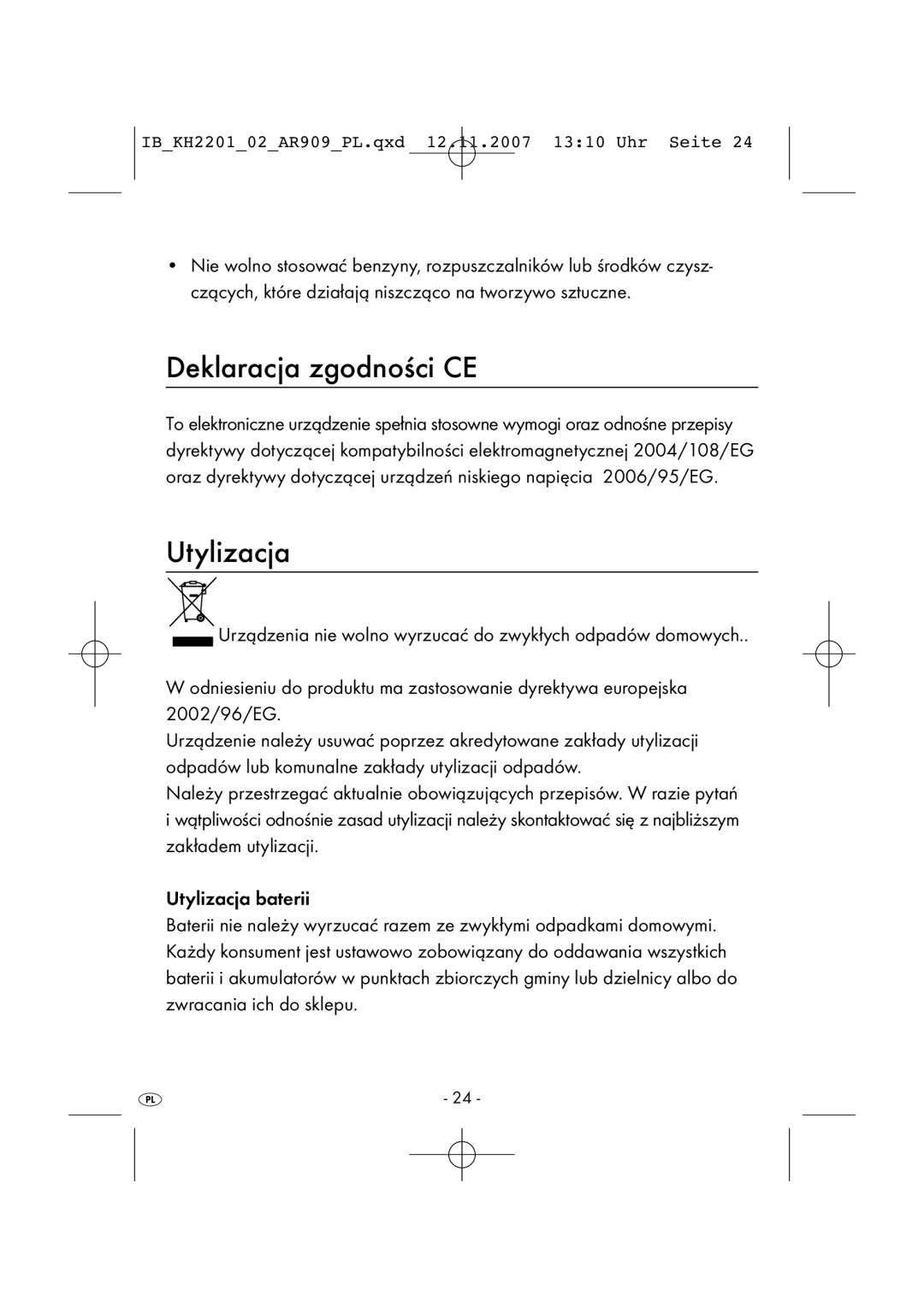 Kompernass KH 2202, KH 2001 manual Deklaracja zgodności CE, Utylizacja 