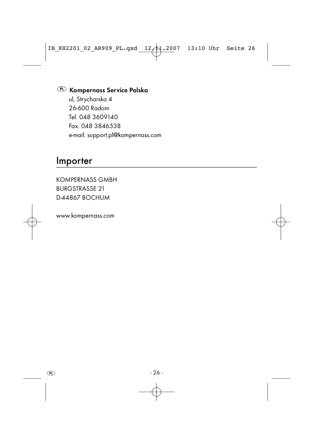 Kompernass KH 2202, KH 2001 manual Importer 