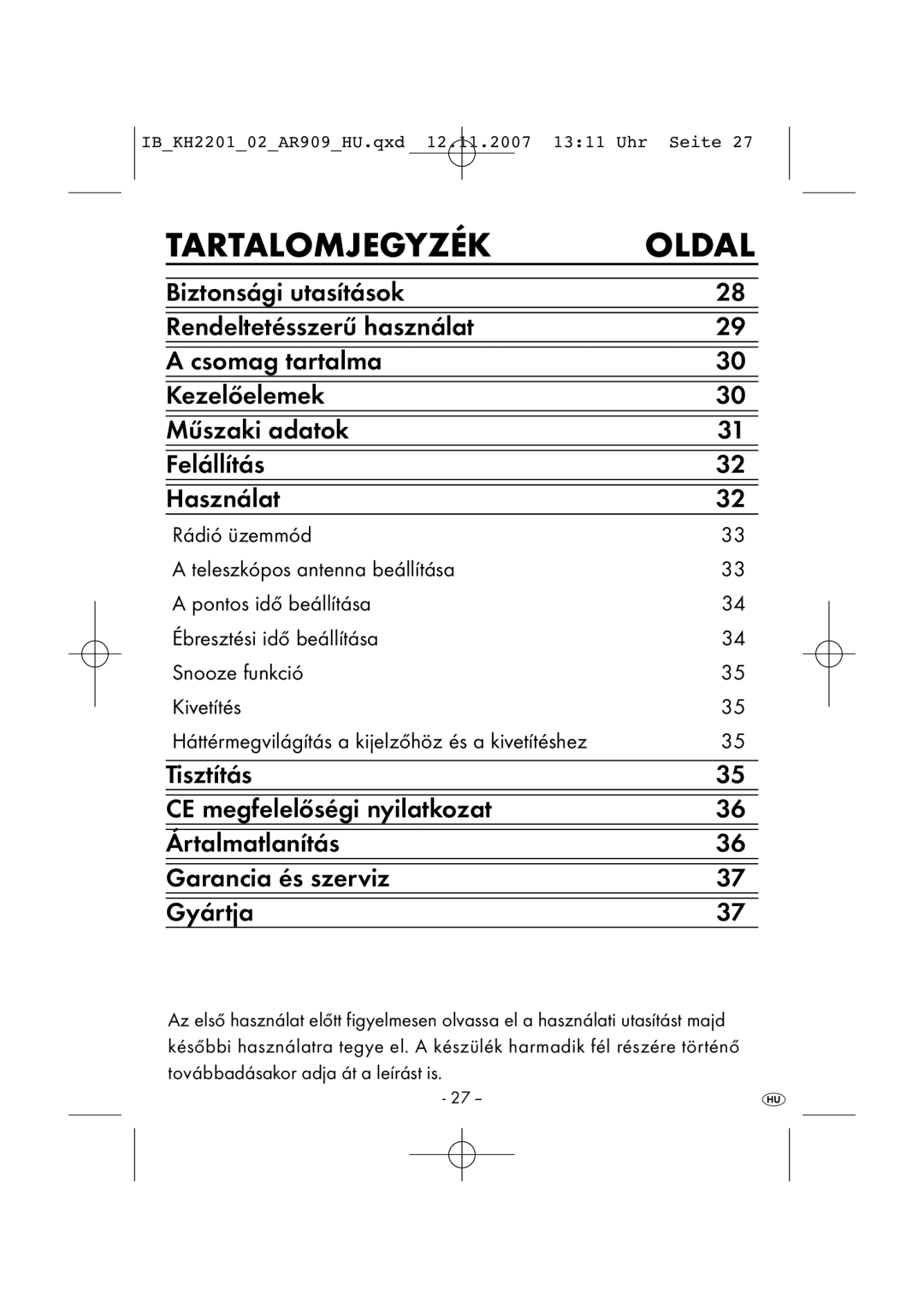 Kompernass KH 2001, KH 2202 manual Tartalomjegyzék, Oldal 