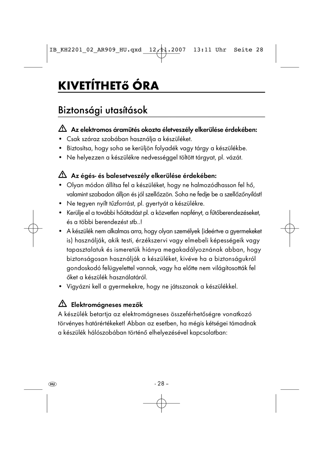 Kompernass KH 2202, KH 2001 manual KIVETÍTHETő ÓRA, Biztonsági utasítások 