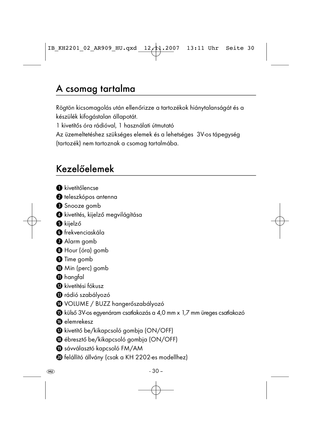 Kompernass KH 2202, KH 2001 manual Csomag tartalma, Kezelőelemek, Kivetítőlencse, Kivetítés, kijelző megvilágítása Kijelző 