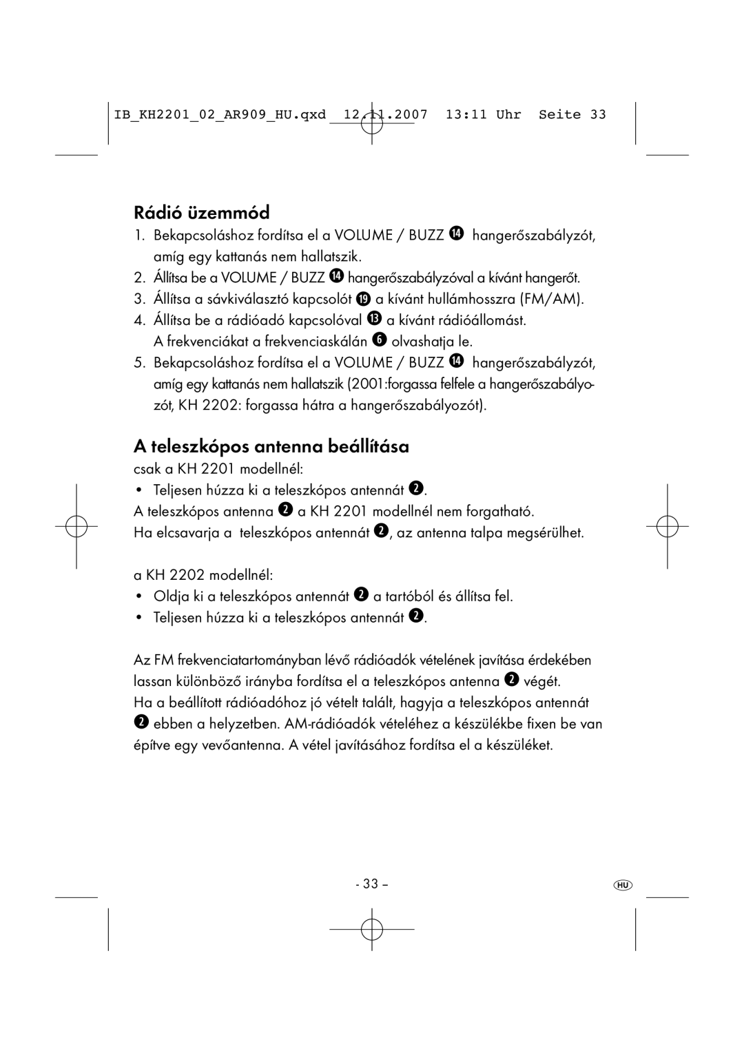 Kompernass KH 2001, KH 2202 manual Rádió üzemmód, Teleszkópos antenna beállítása 