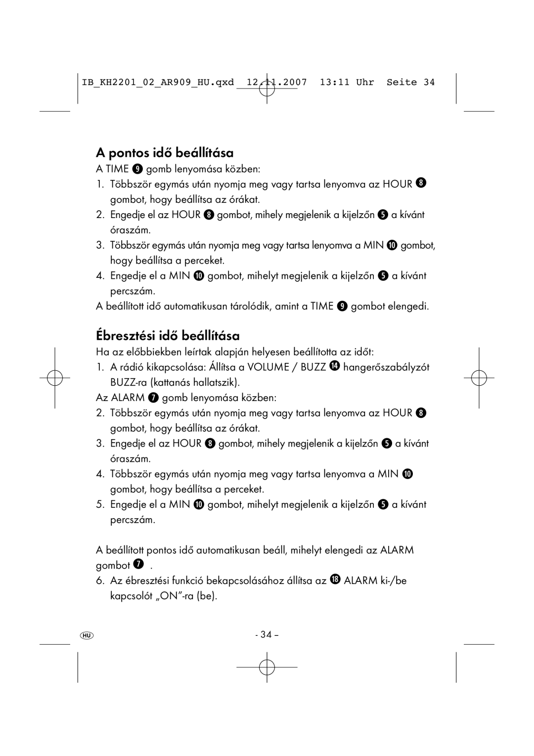 Kompernass KH 2202, KH 2001 manual Pontos idő beállítása, Ébresztési idő beállítása 