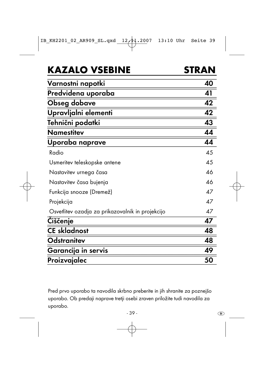 Kompernass KH 2001, KH 2202 manual Kazalo Vsebine Stran 