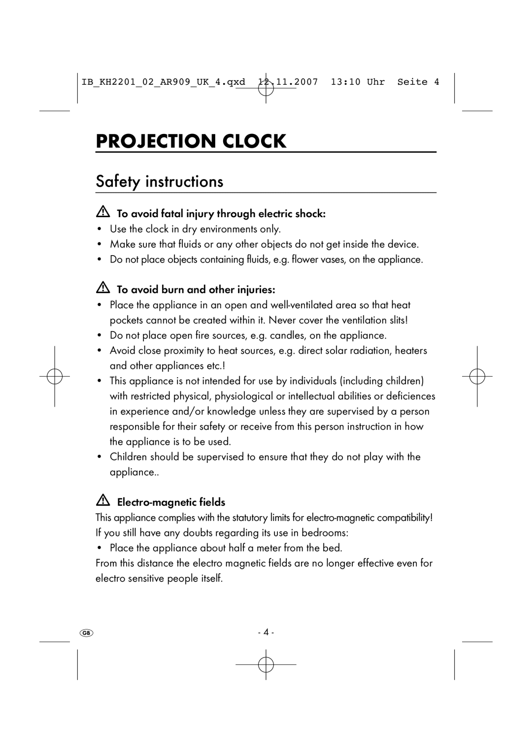 Kompernass KH 2202, KH 2001 manual Projection Clock, Safety instructions 