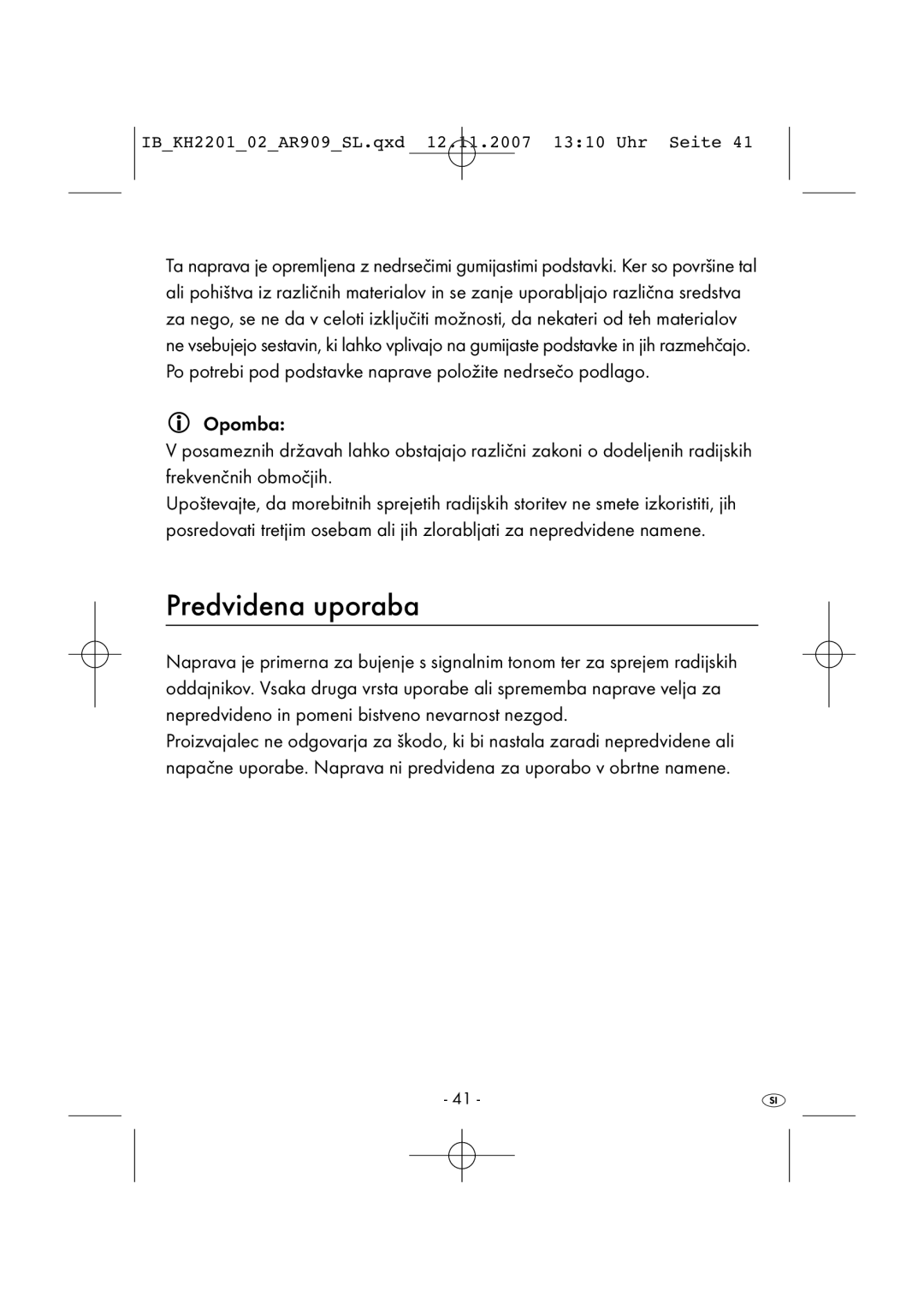 Kompernass KH 2001, KH 2202 manual Predvidena uporaba 