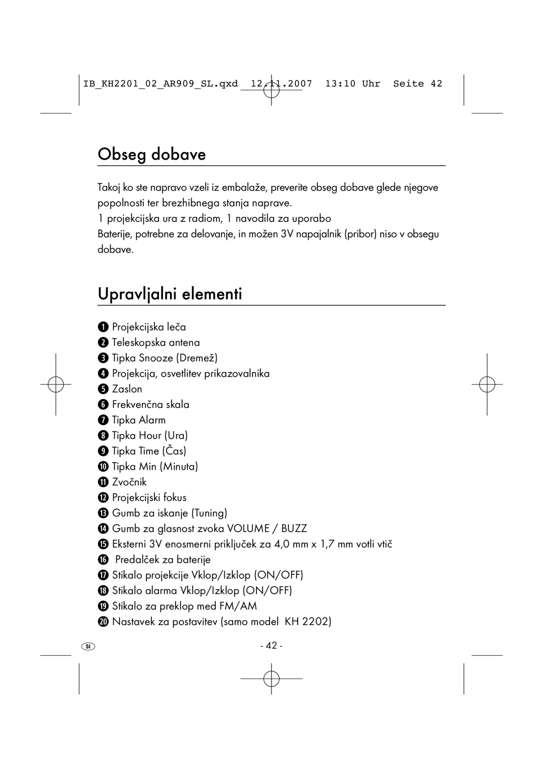 Kompernass KH 2202, KH 2001 manual Obseg dobave, Upravljalni elementi 