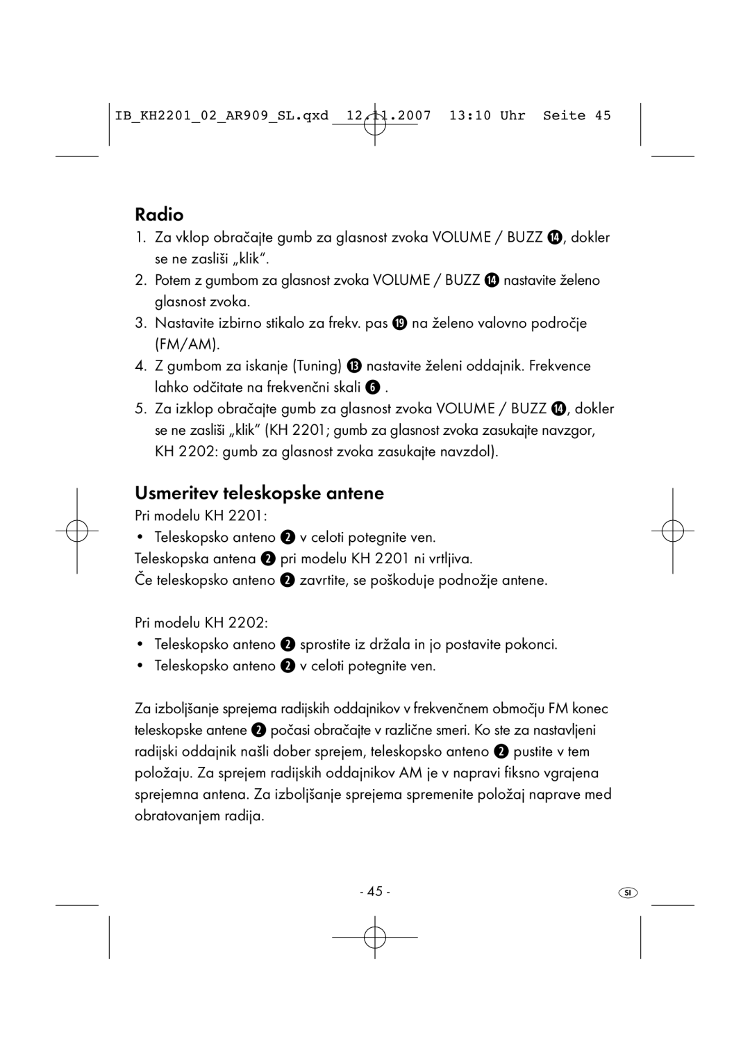 Kompernass KH 2001, KH 2202 manual Radio, Usmeritev teleskopske antene, Pri modelu KH 