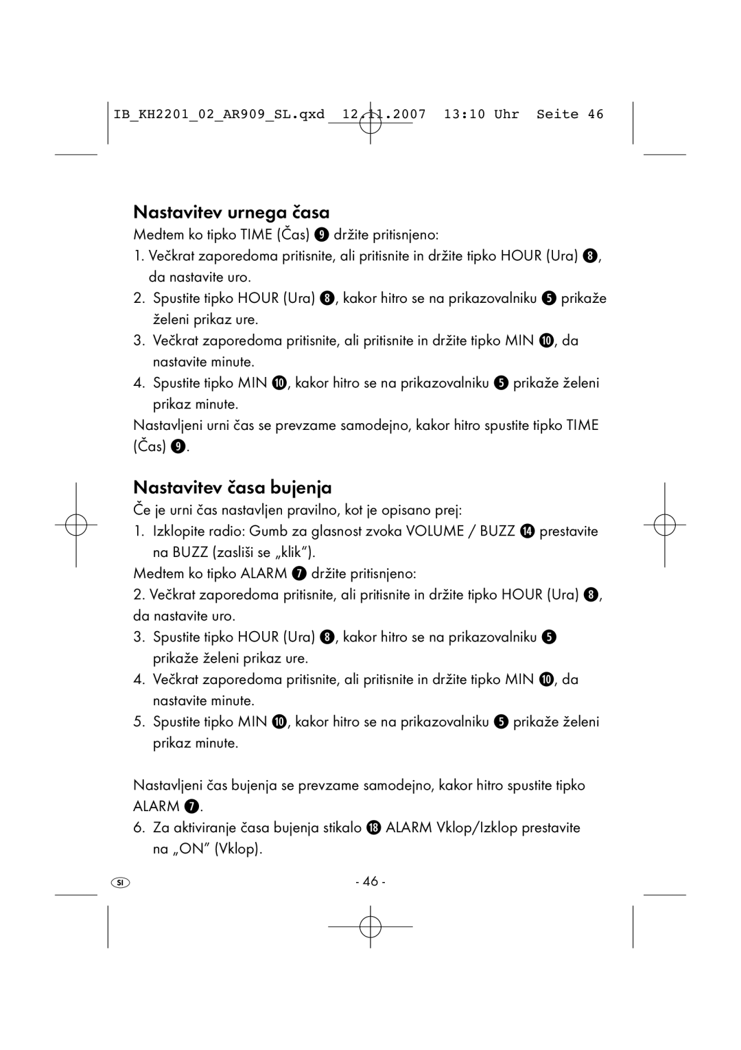 Kompernass KH 2202, KH 2001 manual Nastavitev urnega časa, Nastavitev časa bujenja 