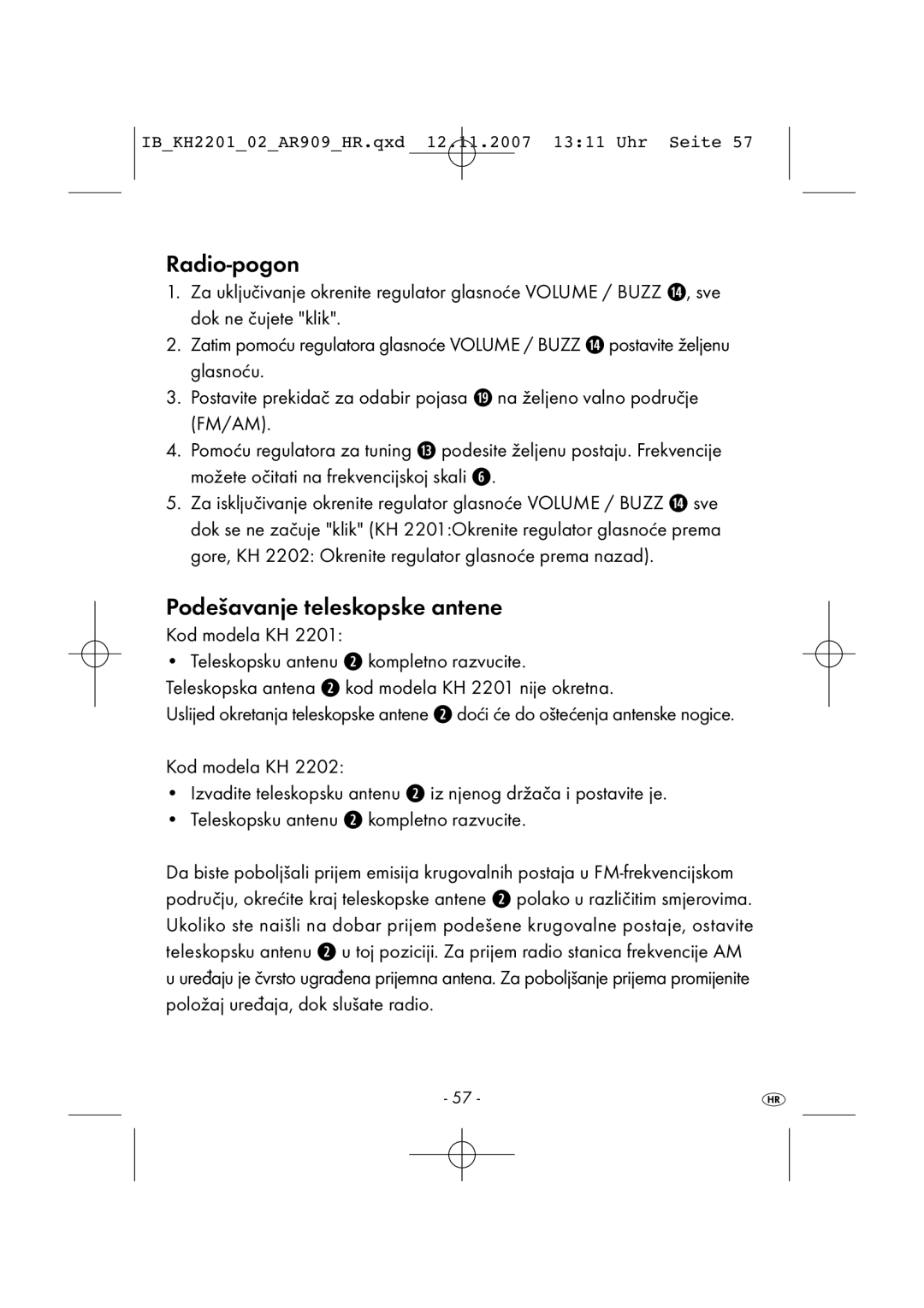 Kompernass KH 2001, KH 2202 manual Radio-pogon, Podešavanje teleskopske antene, Kod modela KH 