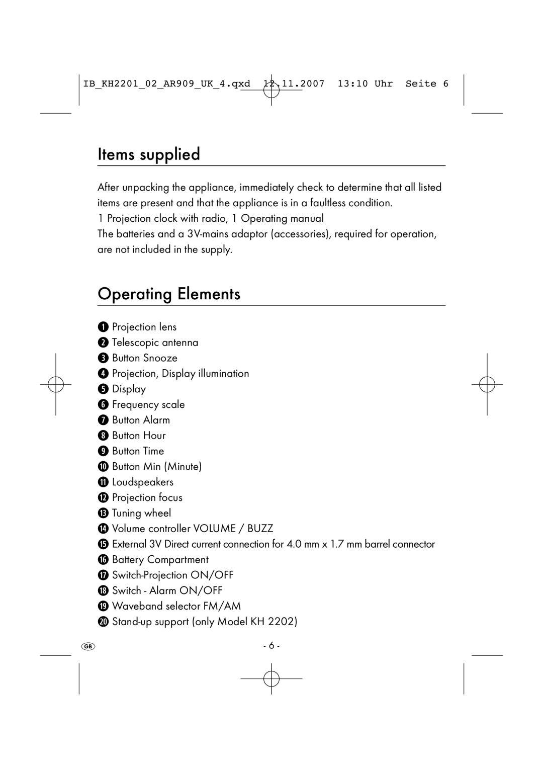 Kompernass KH 2202, KH 2001 manual Items supplied, Operating Elements 