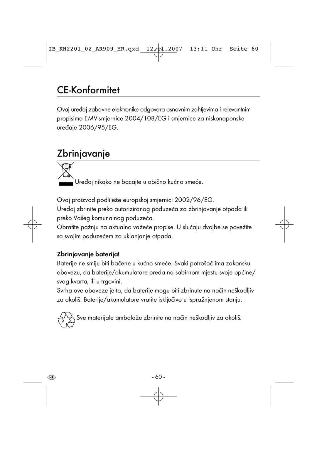 Kompernass KH 2202, KH 2001 manual CE-Konformitet, Zbrinjavanje 