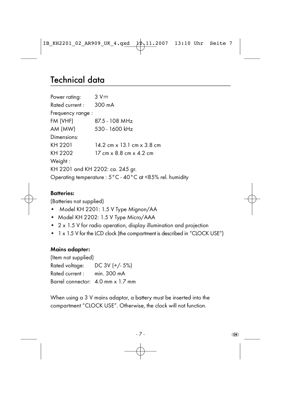 Kompernass KH 2001, KH 2202 manual Technical data 