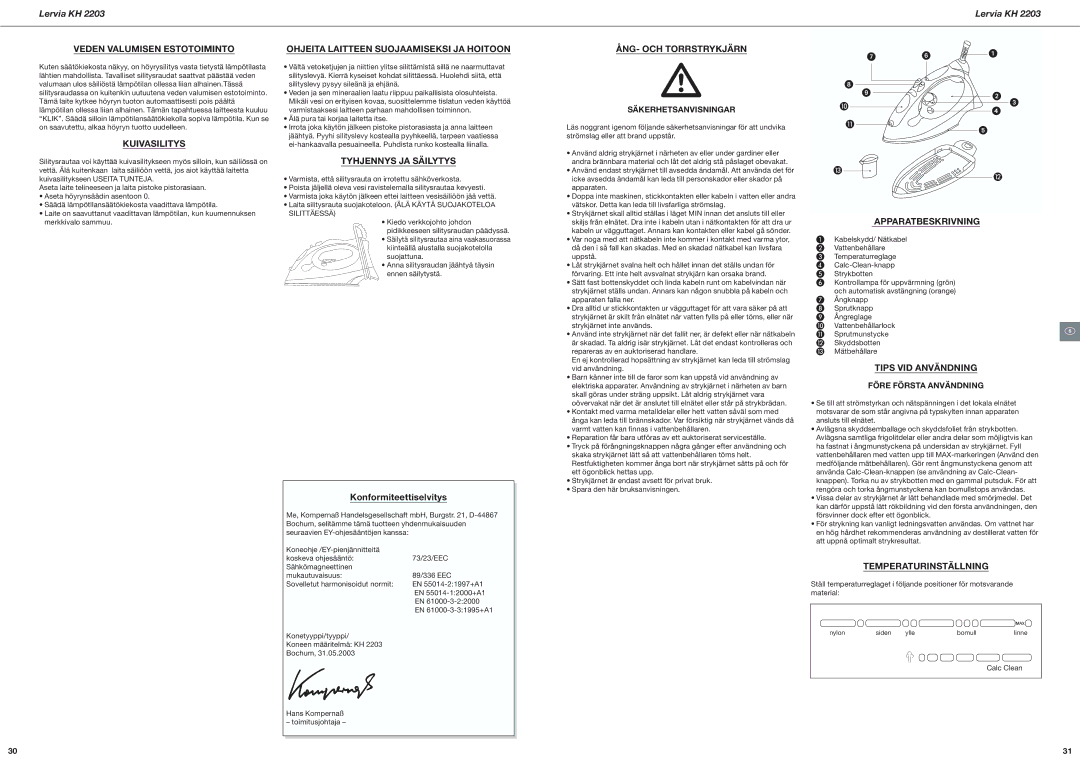 Kompernass KH 2203 manual Veden Valumisen Estotoiminto, Kuivasilitys, Ohjeita Laitteen Suojaamiseksi JA Hoitoon 