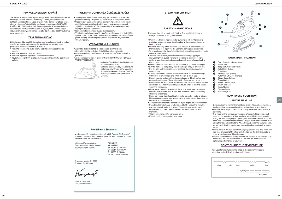 Kompernass KH 2203 manual Funkce Zastavení Kapání, Pokyny K Ochraně a Údržbě Žehličky, Vyprázdnění a Uložení 