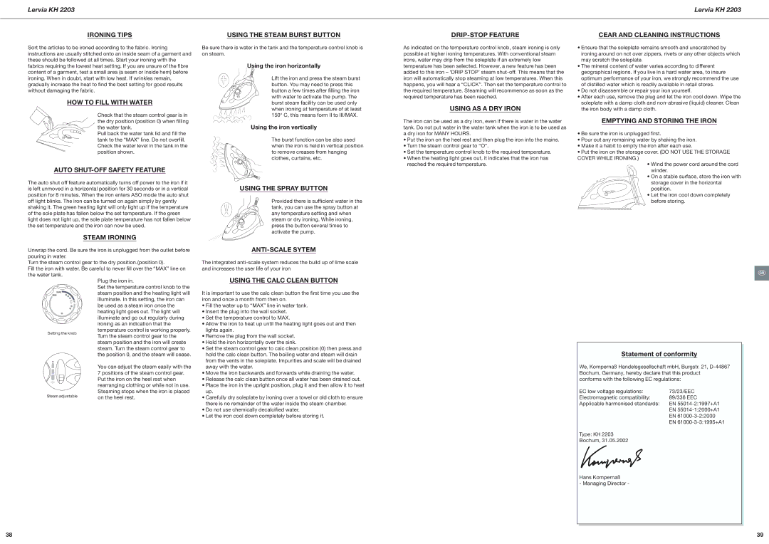 Kompernass KH 2203 Ironing Tips, HOW to Fill with Water, Auto SHUT-OFF Safety Feature, Steam Ironing, ANTI-SCALE Sytem 