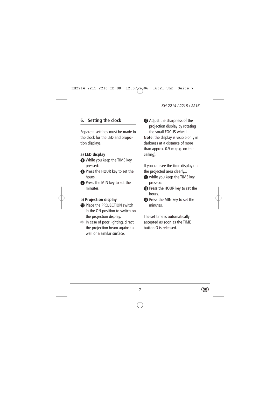 Kompernass KH 2214, KH 2215, KH 2216 manual Setting the clock, LED display, Projection display 