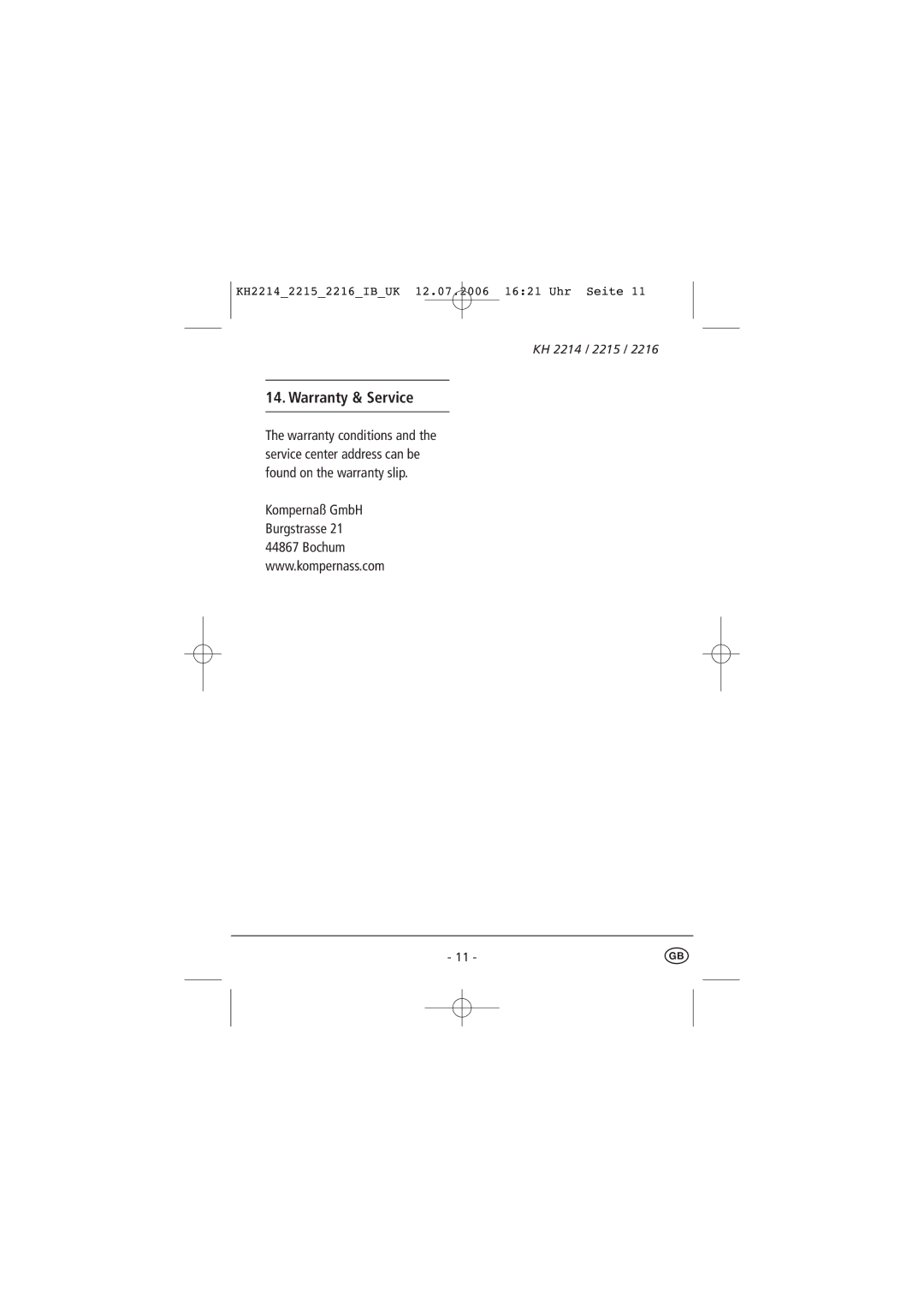 Kompernass KH 2215, KH 2214, KH 2216 manual Warranty & Service 