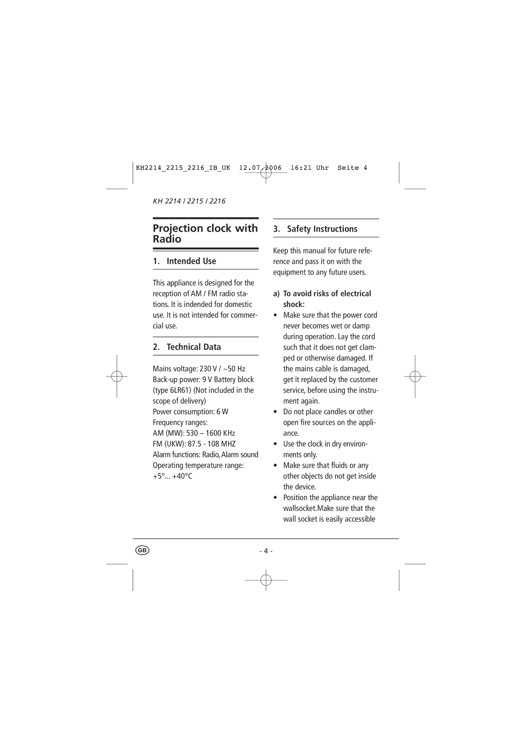 Kompernass KH 2214, KH 2215, KH 2216 Intended Use, Technical Data, Safety Instructions, To avoid risks of electrical shock 