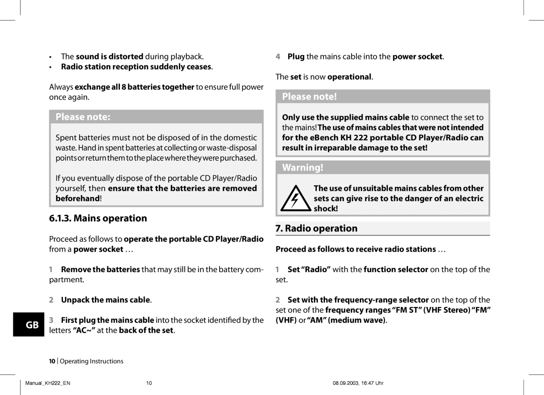 Kompernass KH 222 operating instructions ... Mains operation, . Radio operation 