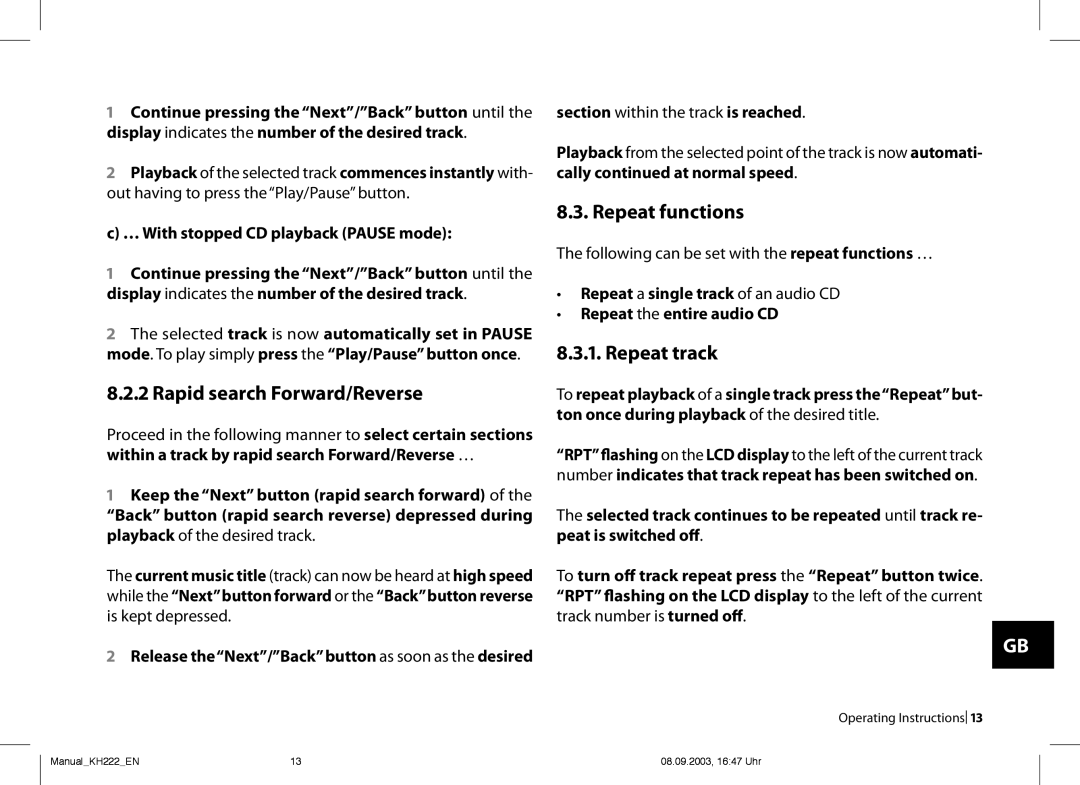 Kompernass KH 222 operating instructions .. Rapid search Forward/Reverse, .. Repeat functions, ... Repeat track 