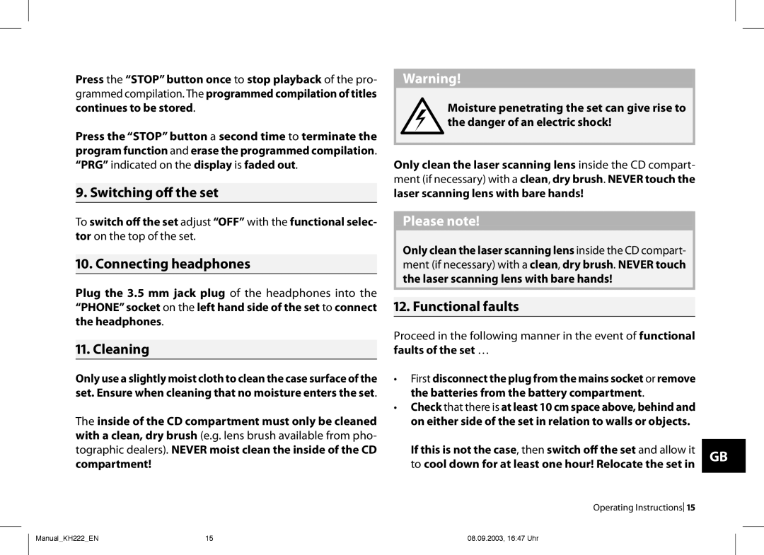 Kompernass KH 222 . Switching off the set, . Connecting headphones, . Cleaning, . Functional faults 