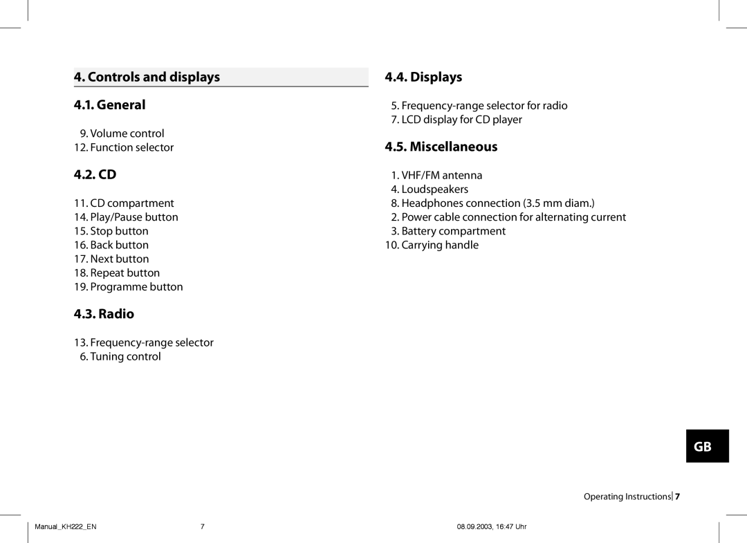 Kompernass KH 222 . Controls and displays .. Displays .. General, .. Miscellaneous, .. Cd, .. Radio 