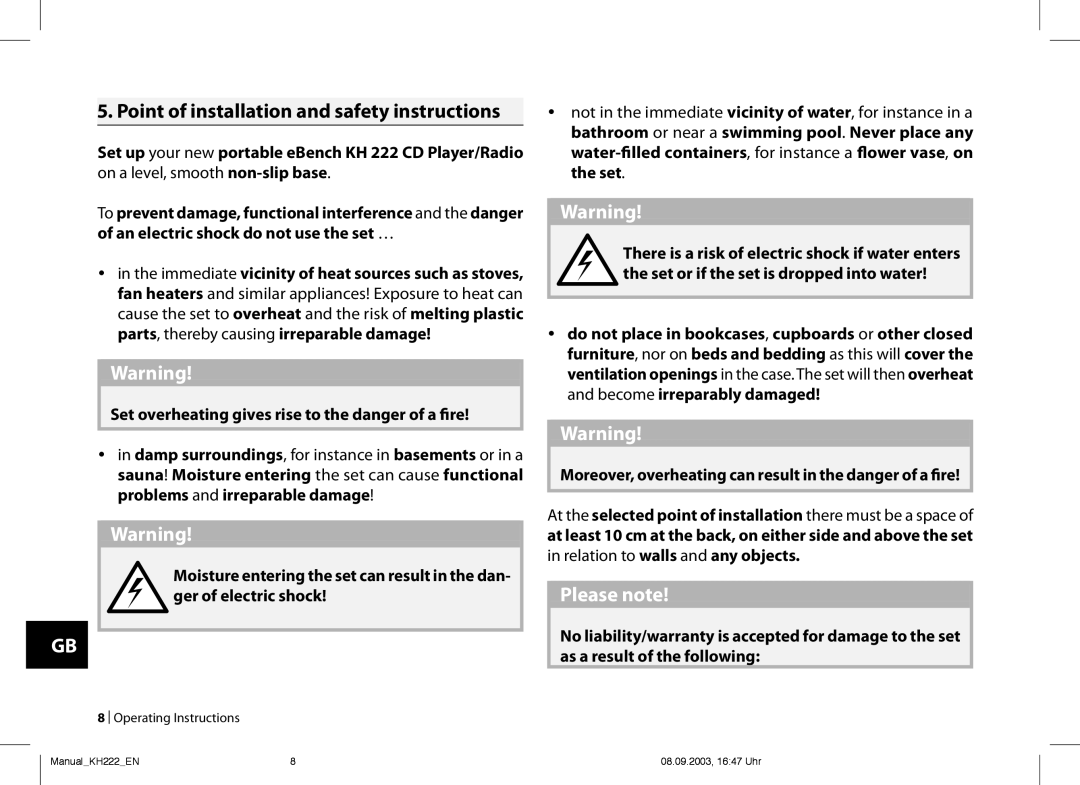 Kompernass KH 222 operating instructions . Point of installation and safety instructions, Please note 