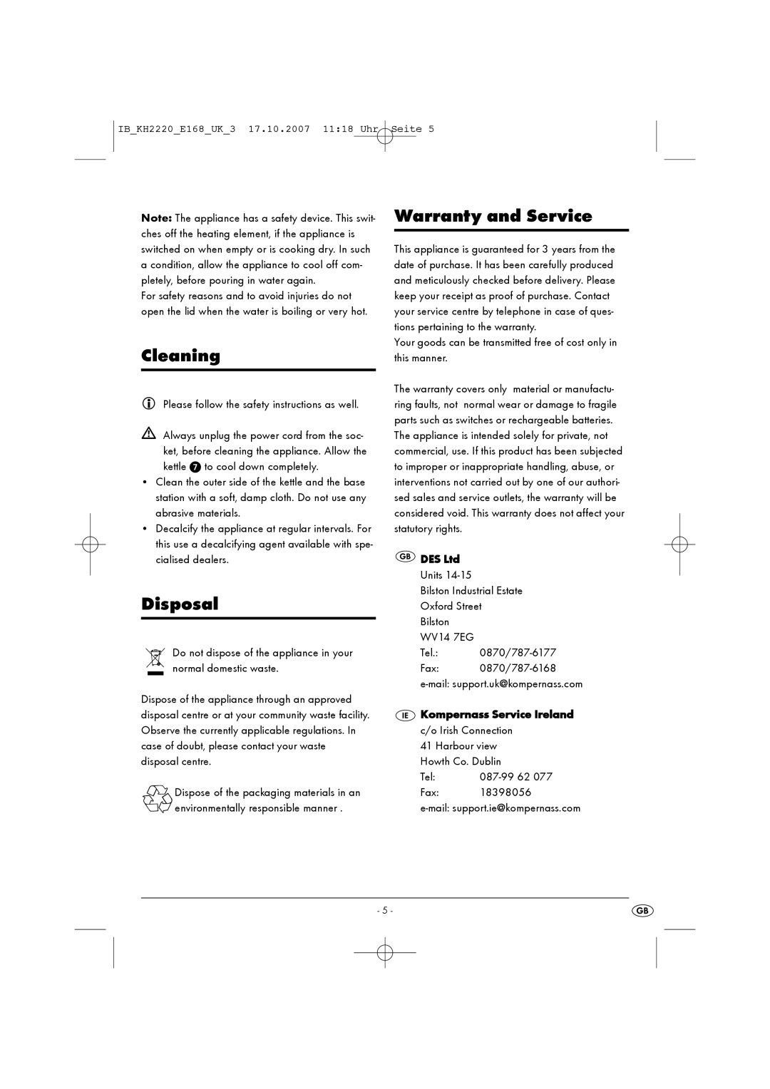 Kompernass KH 2220 manual Cleaning, Disposal, Warranty and Service, Kompernass Service Ireland 