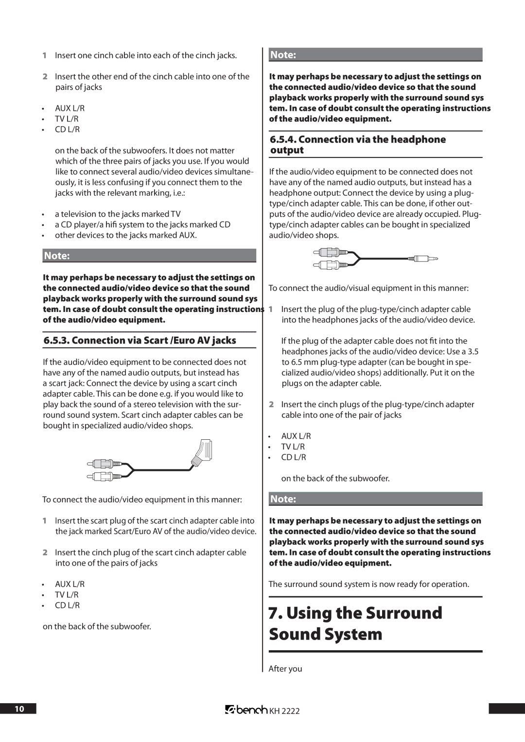 Kompernass KH 2222 manual Using the Surround Sound System 