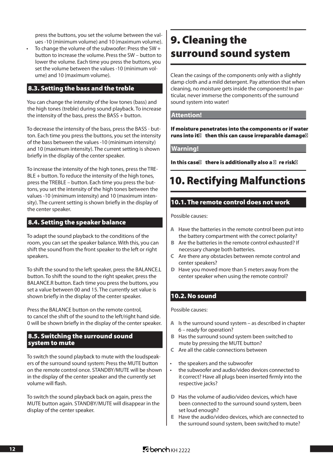 Kompernass KH 2222 manual Rectifying Malfunctions 