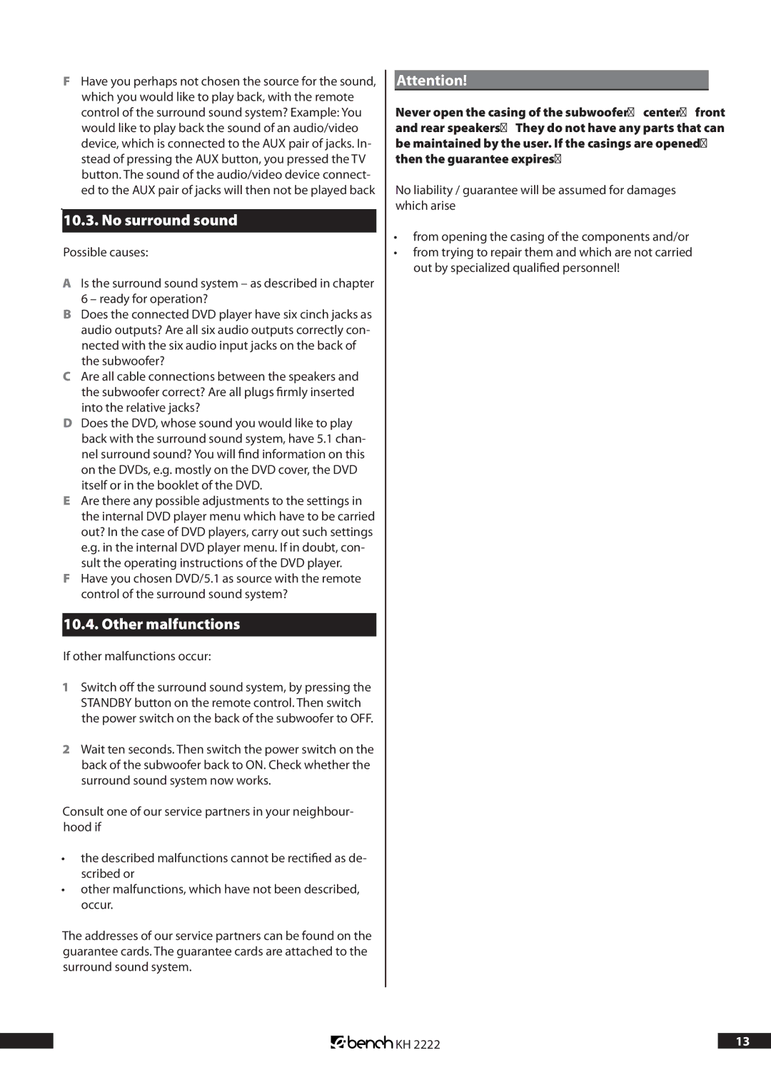 Kompernass KH 2222 manual No surround sound, Other malfunctions 