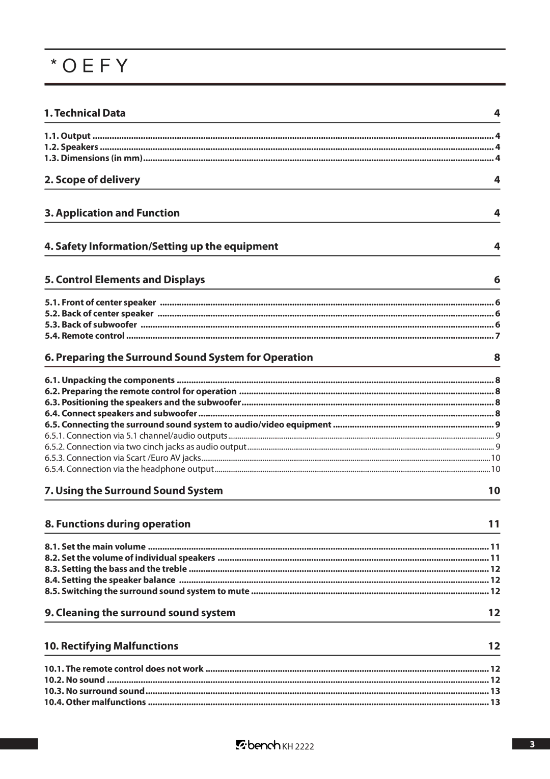 Kompernass KH 2222 manual Index, Preparing the Surround Sound System for Operation 