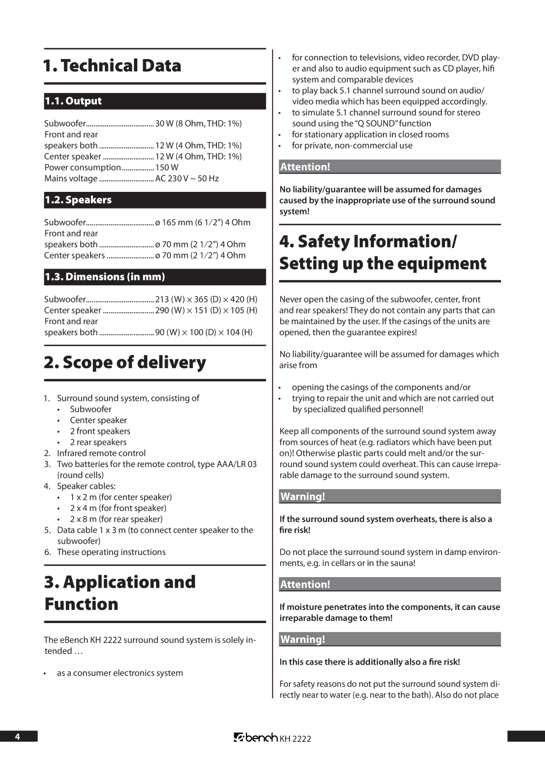 Kompernass KH 2222 manual Technical Data, Scope of delivery, Application and Function 