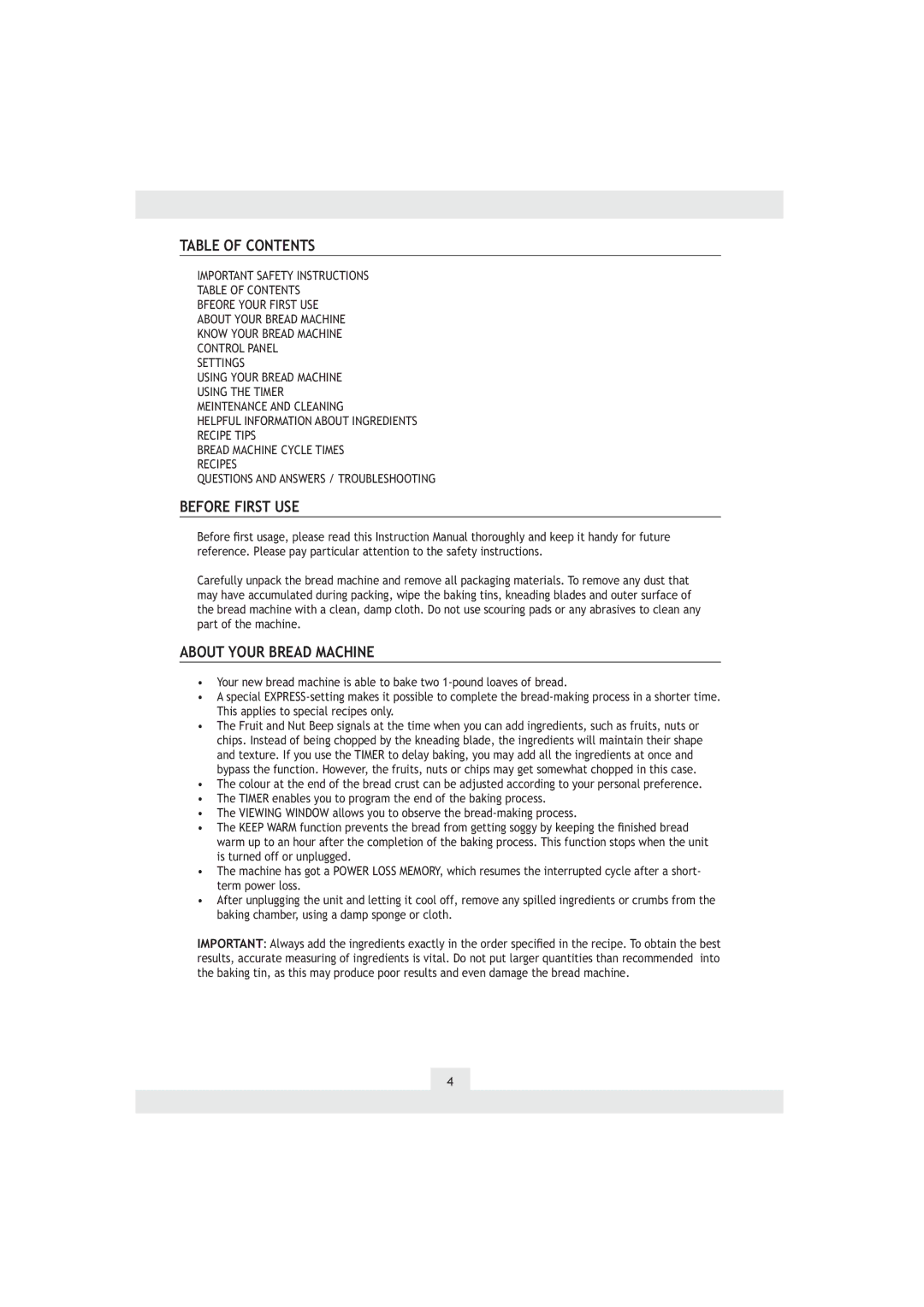 Kompernass kh 2230 manual Table of Contents, Before First USE, About Your Bread Machine 