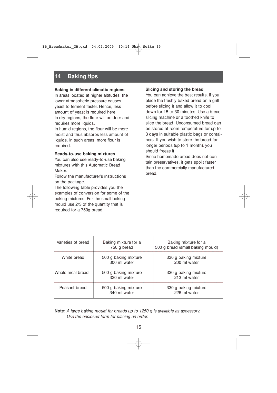 Kompernass KH 2231 operating instructions Baking tips, Baking in different climatic regions, Ready-to-use baking mixtures 