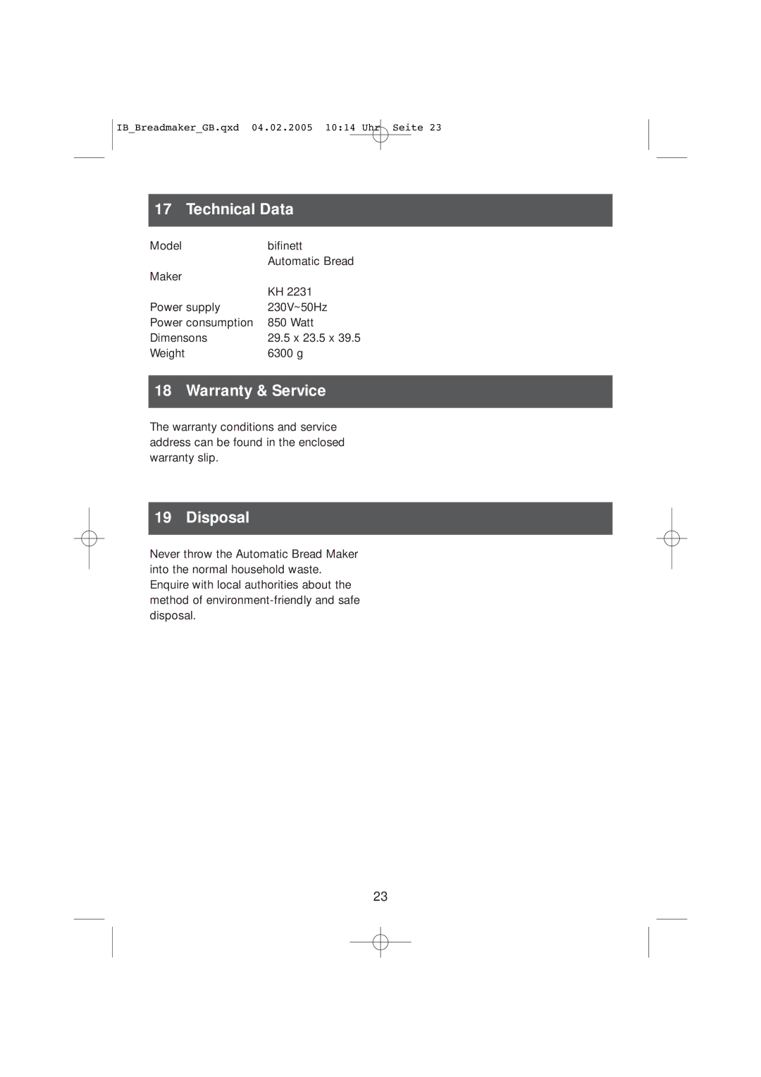 Kompernass KH 2231 operating instructions Technical Data, Warranty & Service, Disposal 