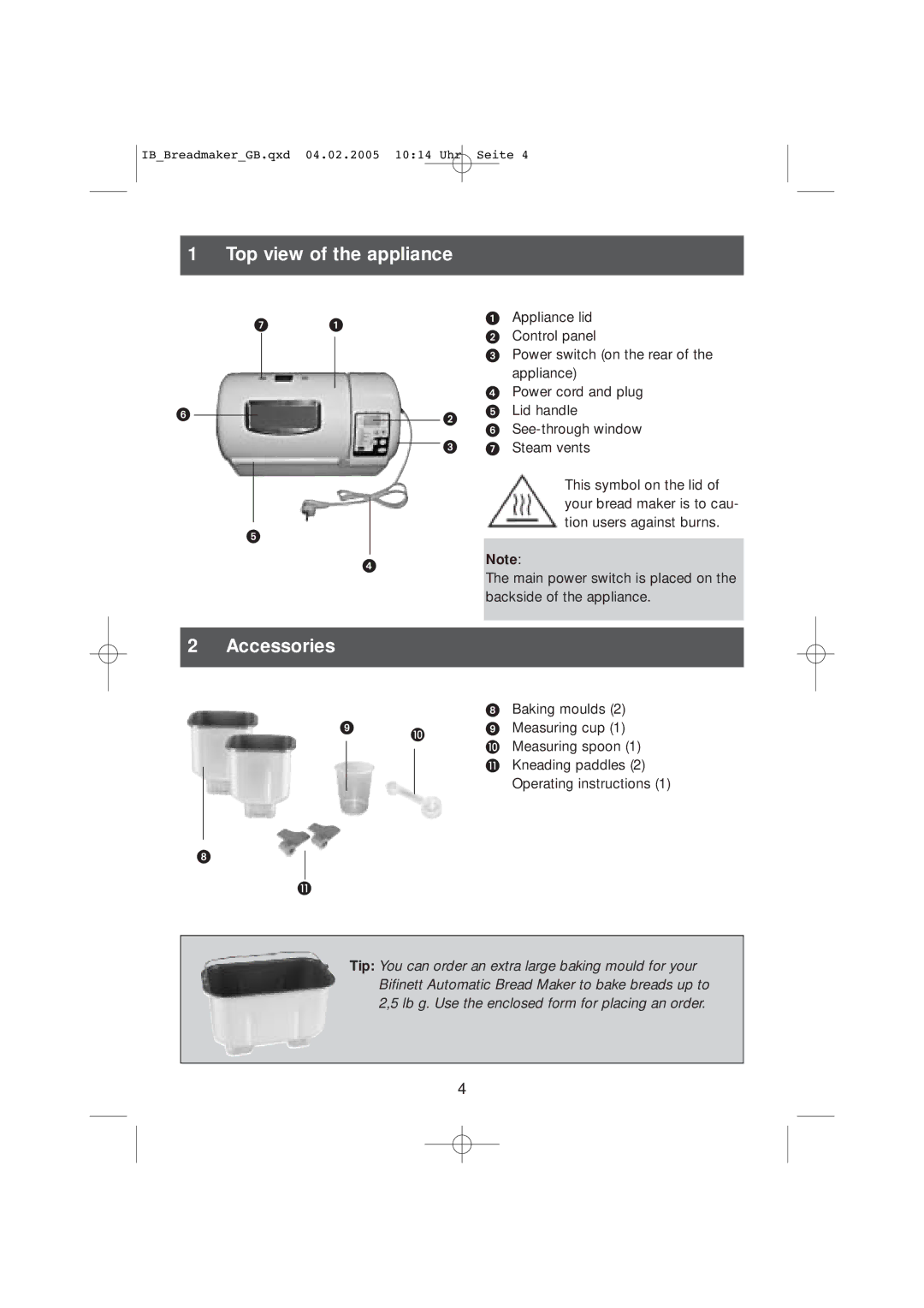 Kompernass KH 2231 operating instructions Top view of the appliance, Accessories 