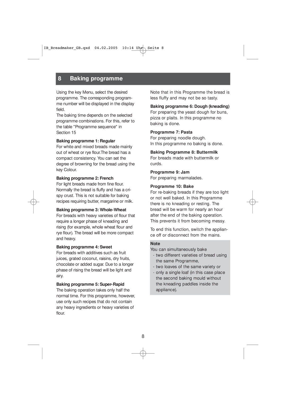 Kompernass KH 2231 operating instructions Baking programme 