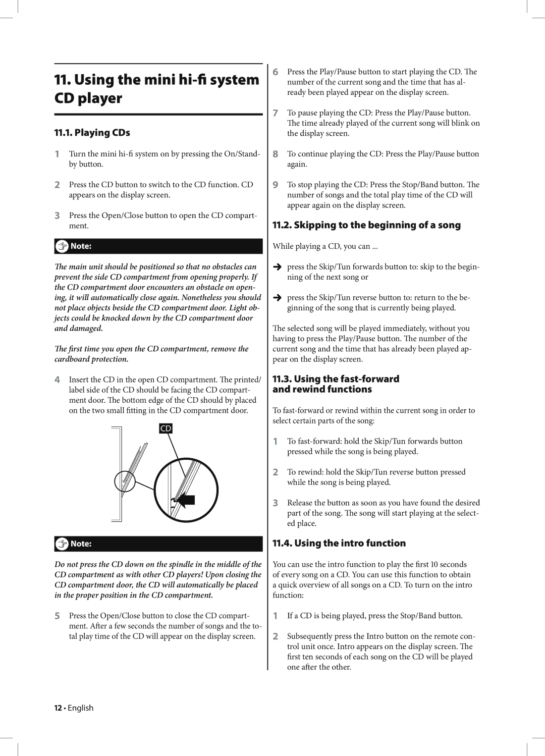 Kompernass KH 2233 manual Using the mini hi-ﬁ system CD player, Playing CDs, Skipping to the beginning of a song 