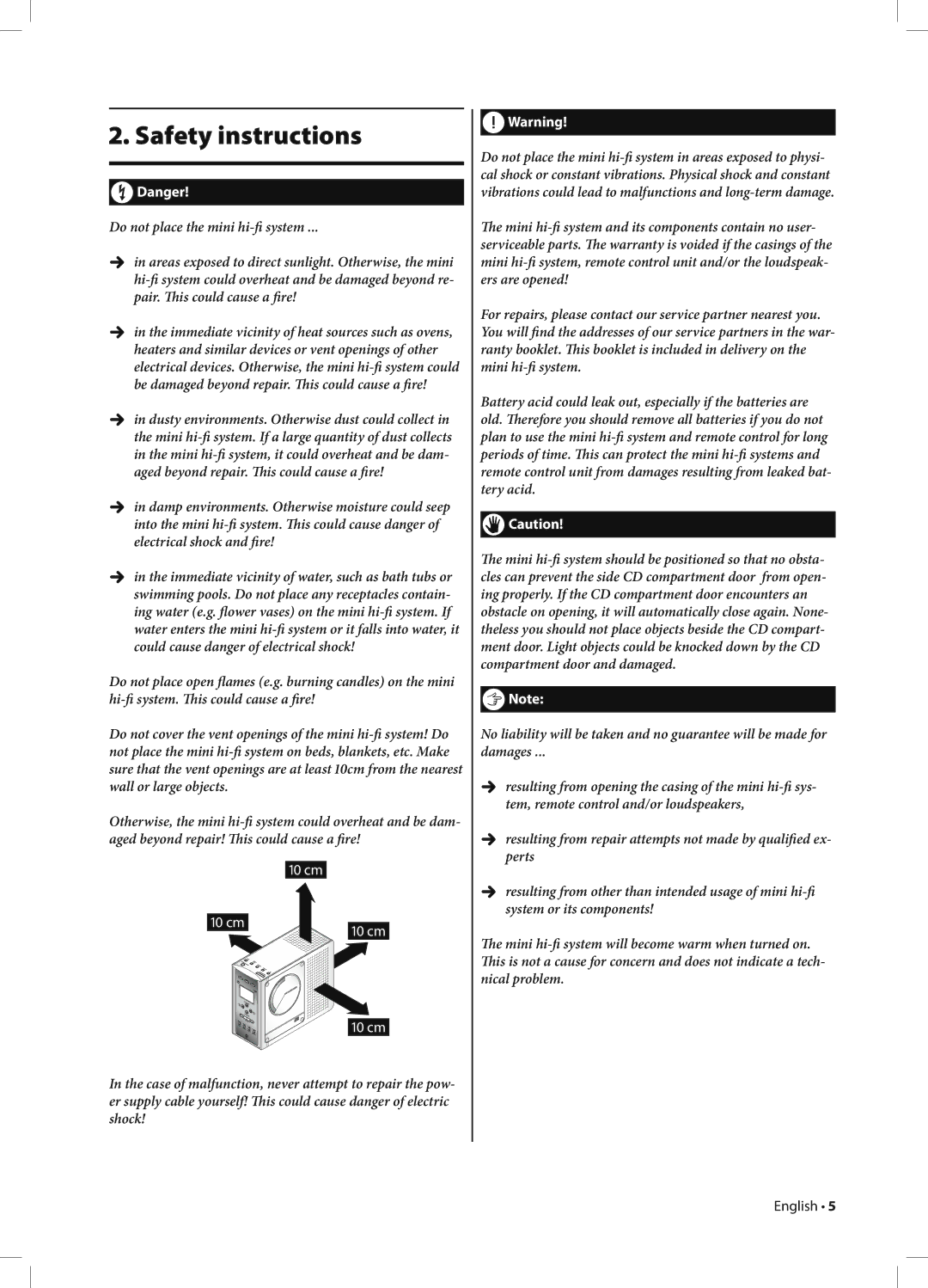 Kompernass KH 2233 manual Safety instructions, Do not place the mini hi-ﬁ system 