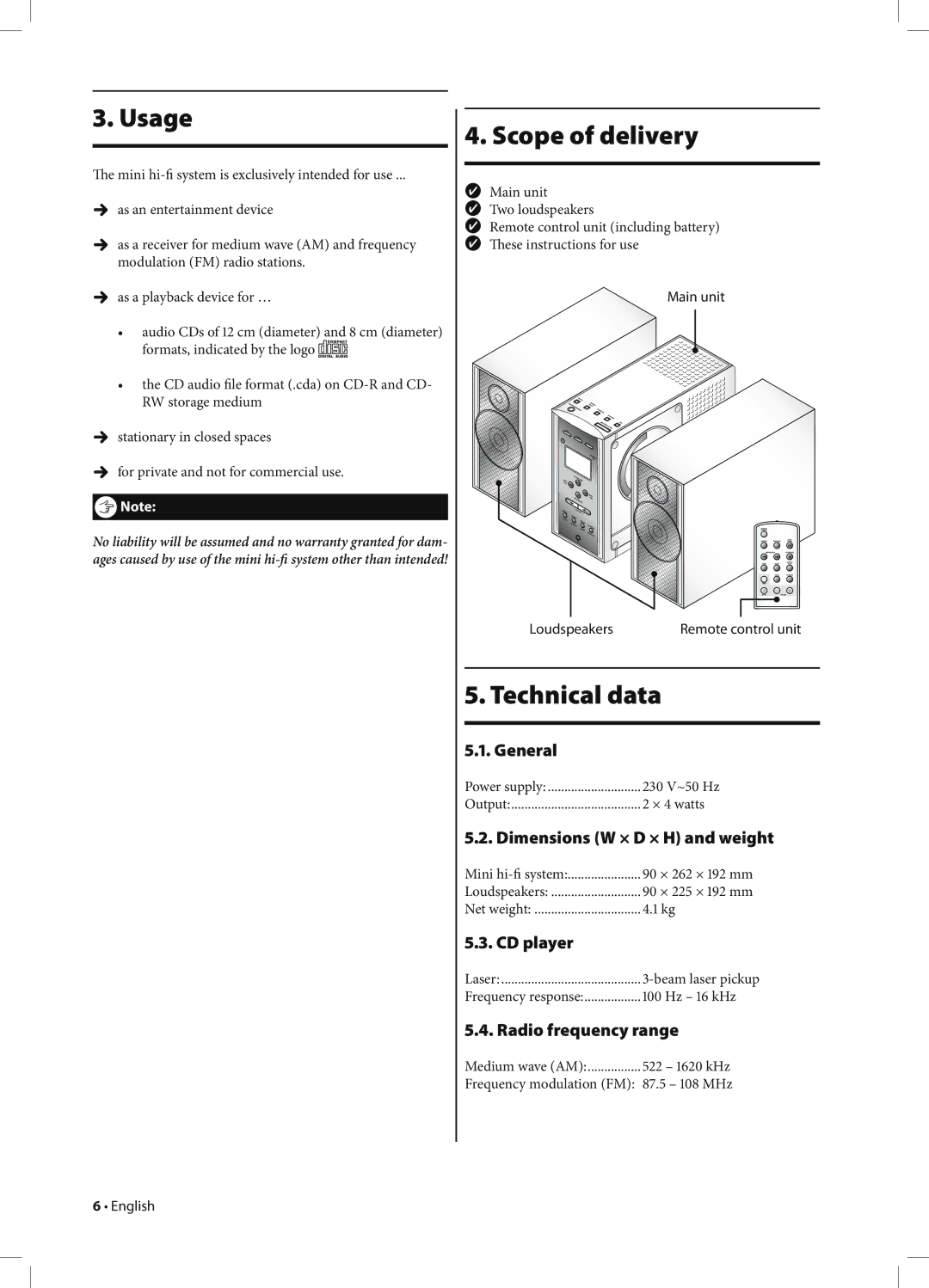 Kompernass KH 2233 manual Usage, Scope of delivery, Technical data 