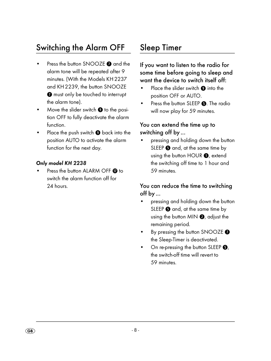 Kompernass KH 2236 Switching the Alarm OFF, Sleep Timer, You can extend the time up to Switching off by 